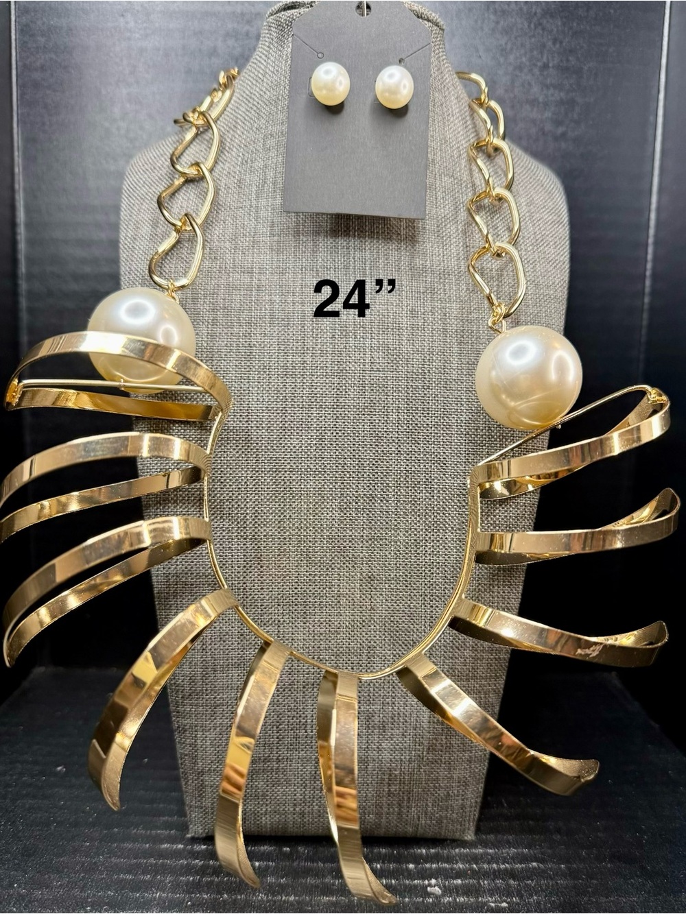 Gold Sculptural Ribbon Necklace with Pearl Accents - Women Jewelry
